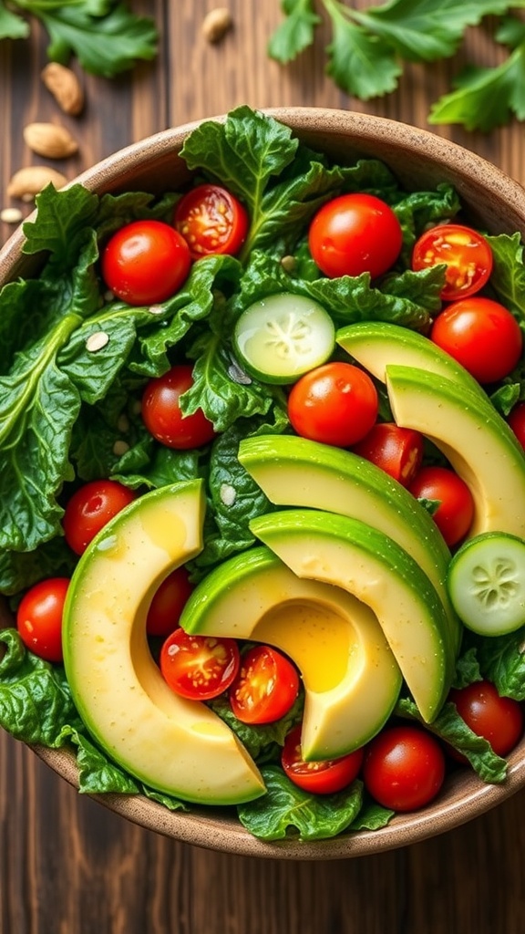 A colorful kale salad with cherry tomatoes, avocado, and cucumber in a rustic bowl.